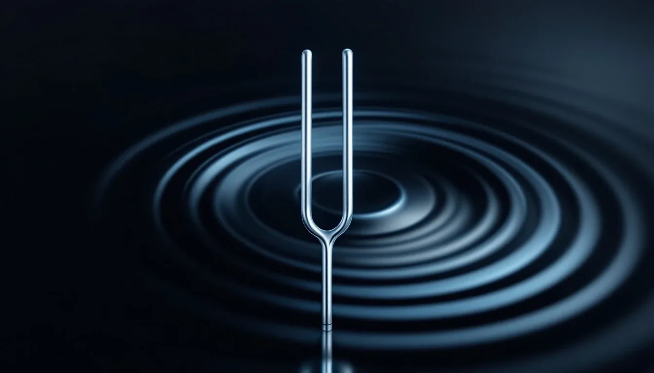 A metal tuning fork above concentric rings of sound waves