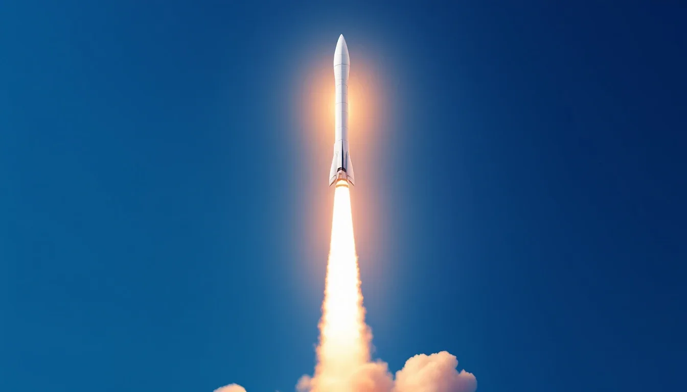 A white rocket ascending into a clear blue sky on a bright exhaust plume