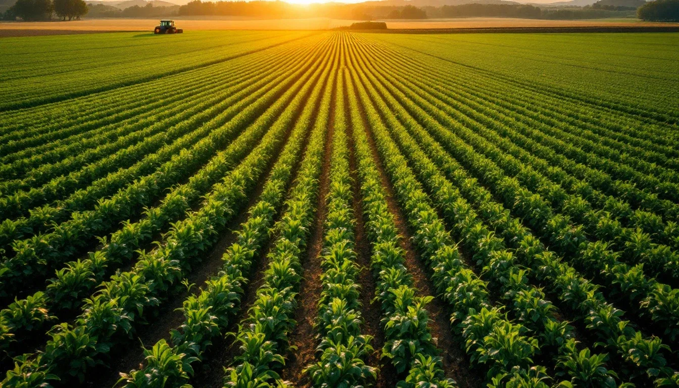 Rows of green crops stretching to the horizon at sunset