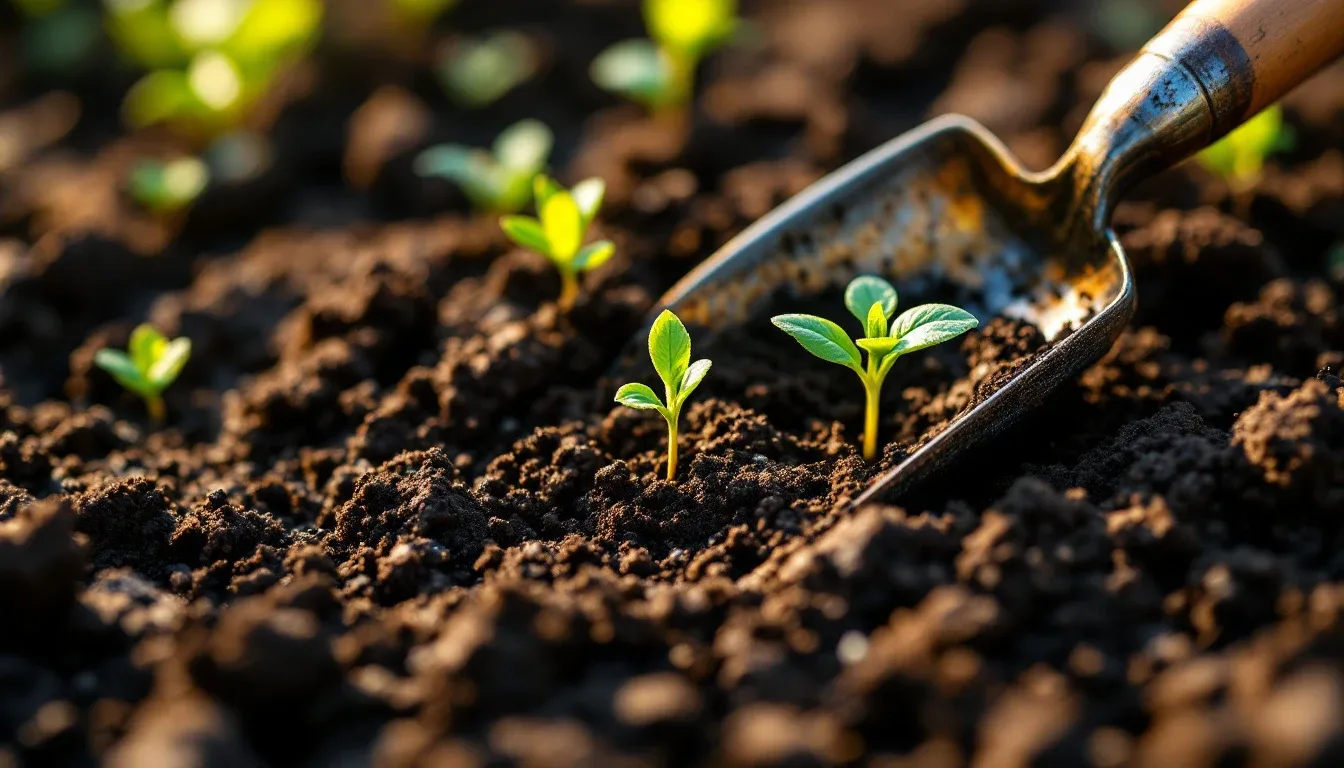 Young seedlings sprouting from rich soil beside a garden trowel