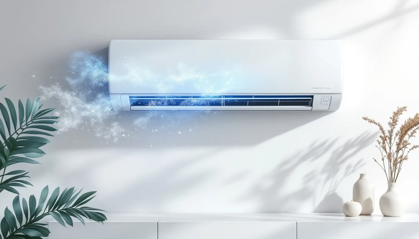 A wall air-conditioning unit releasing cool blue mist into a room