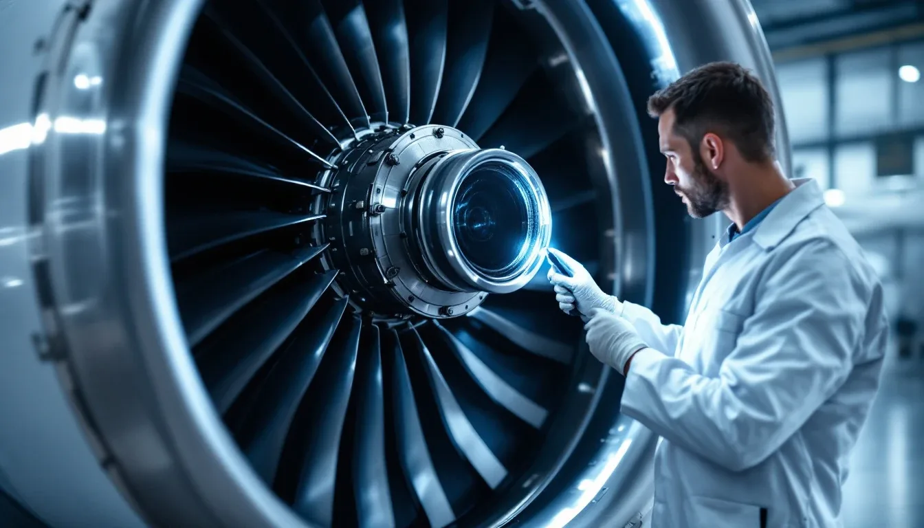 A technician inspecting the turbine blades of a jet engine