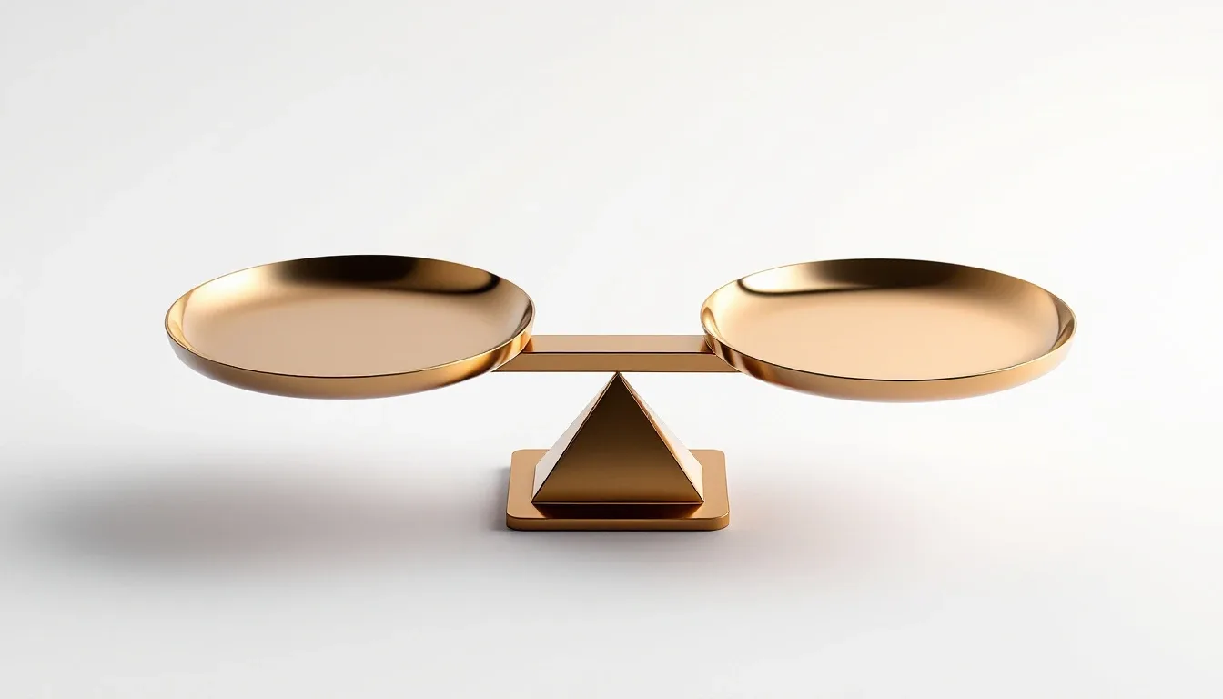 A polished brass balance scale resting in perfect equilibrium