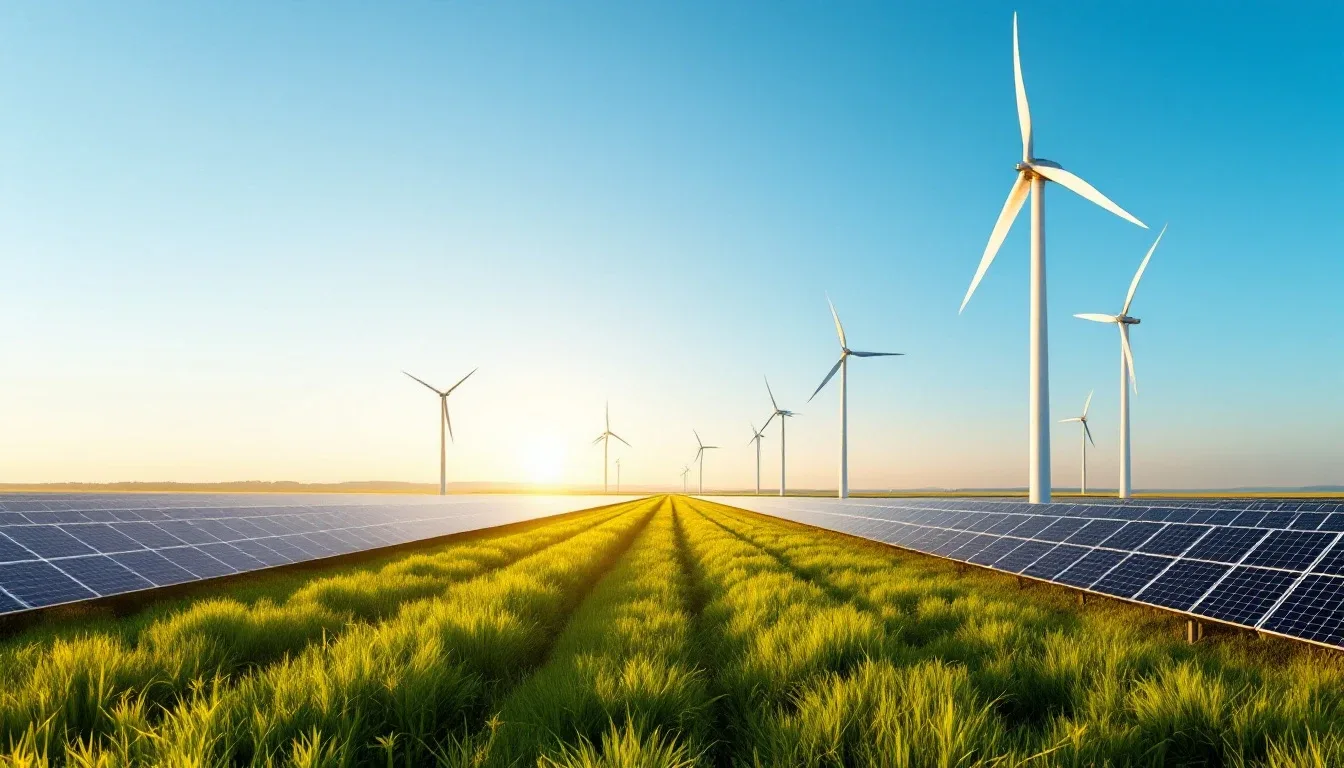 Wind turbines and rows of solar panels in a green field at sunrise