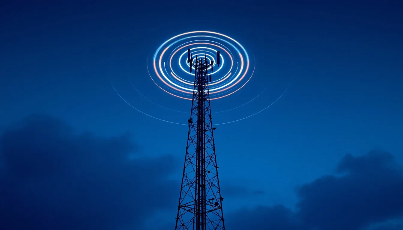 A radio antenna tower broadcasting glowing signal waves against a dusk sky