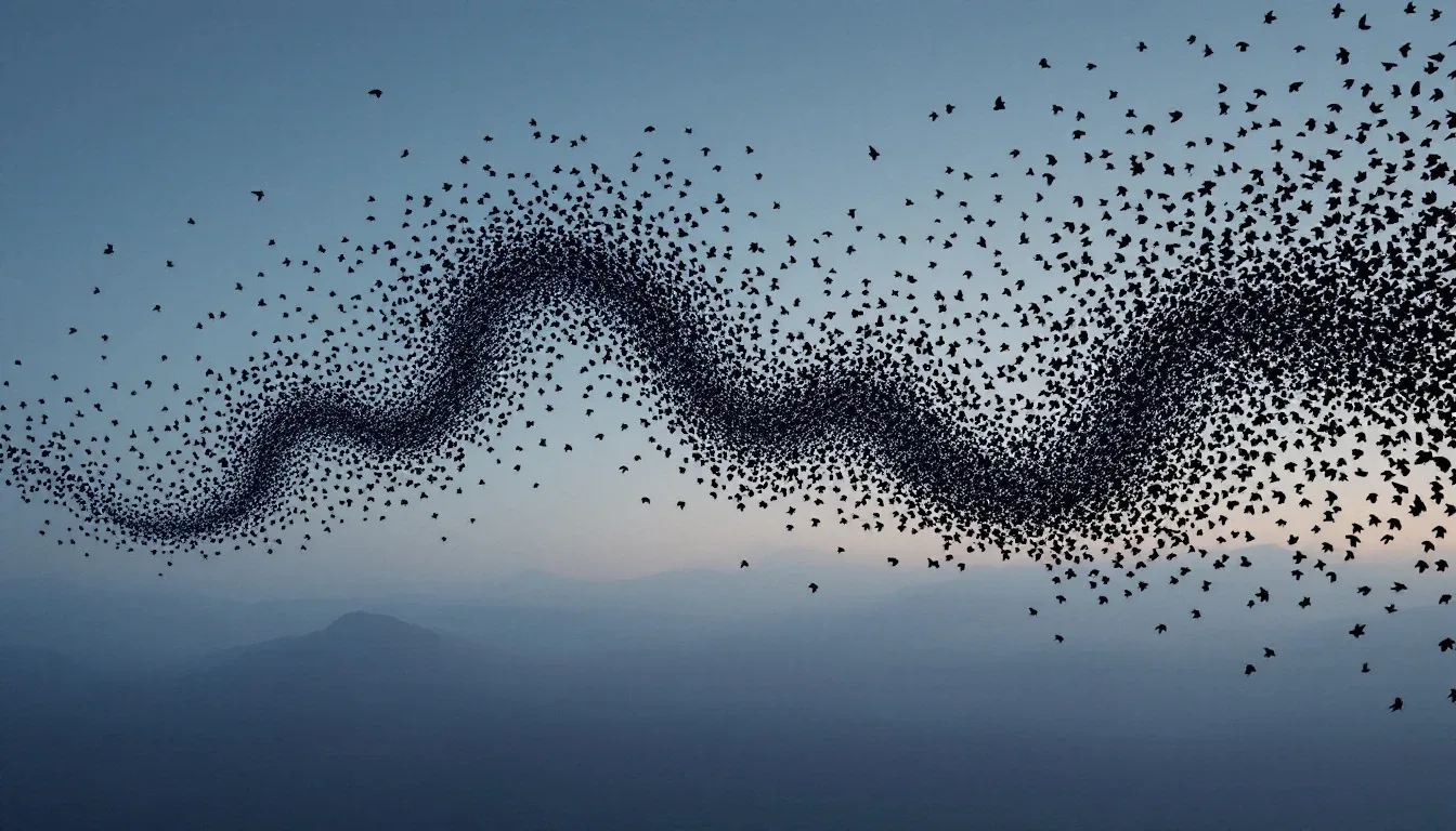 A flock of starlings forming a flowing murmuration against a dusk sky