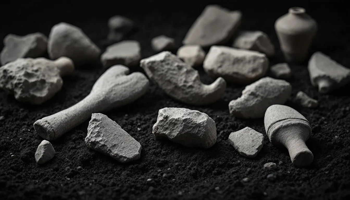 Ancient stone tools and pottery shards arranged on dark soil
