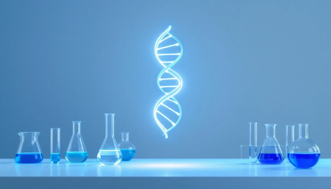 A glowing DNA double helix rising above laboratory glassware