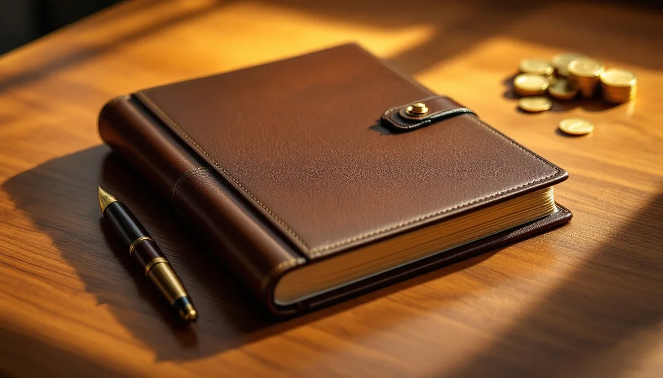 A closed leather ledger book with a fountain pen and gold coins on a desk