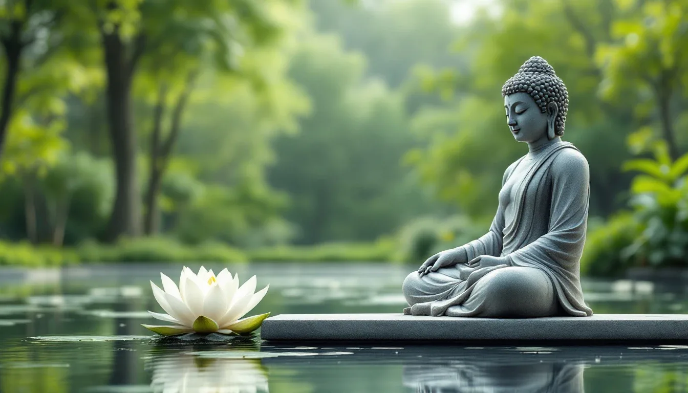 A serene stone Buddha statue in meditation beside a lotus over water