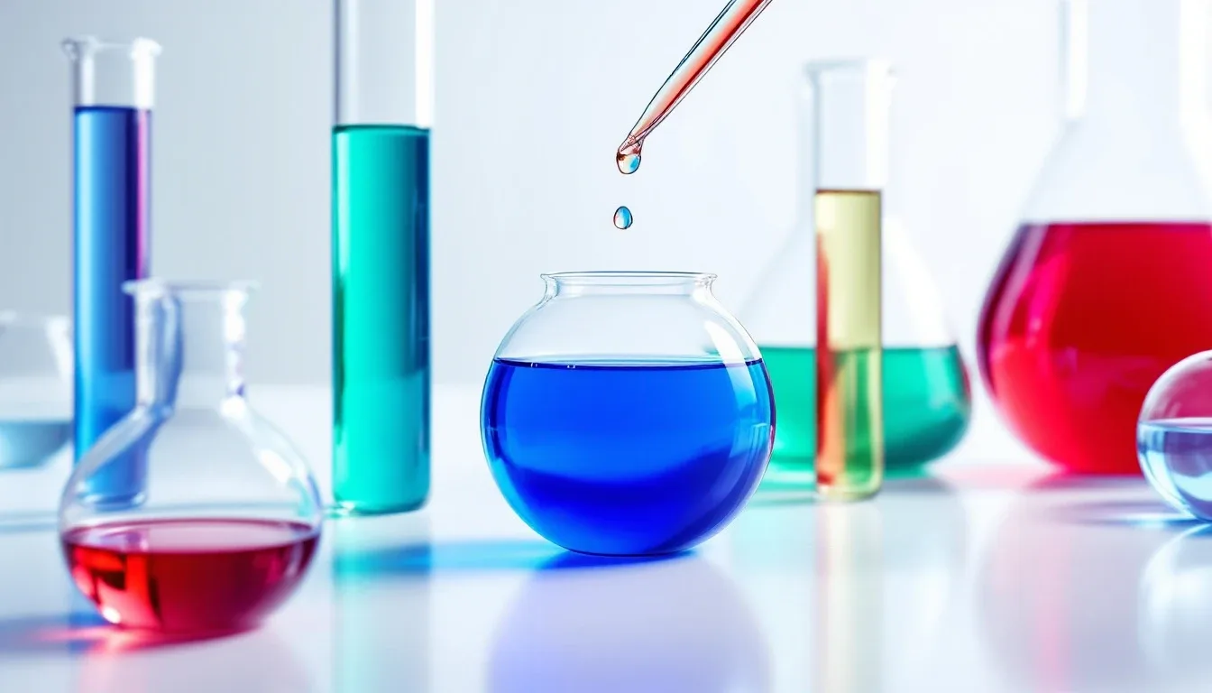 Laboratory glassware filled with brightly colored liquids and a falling droplet