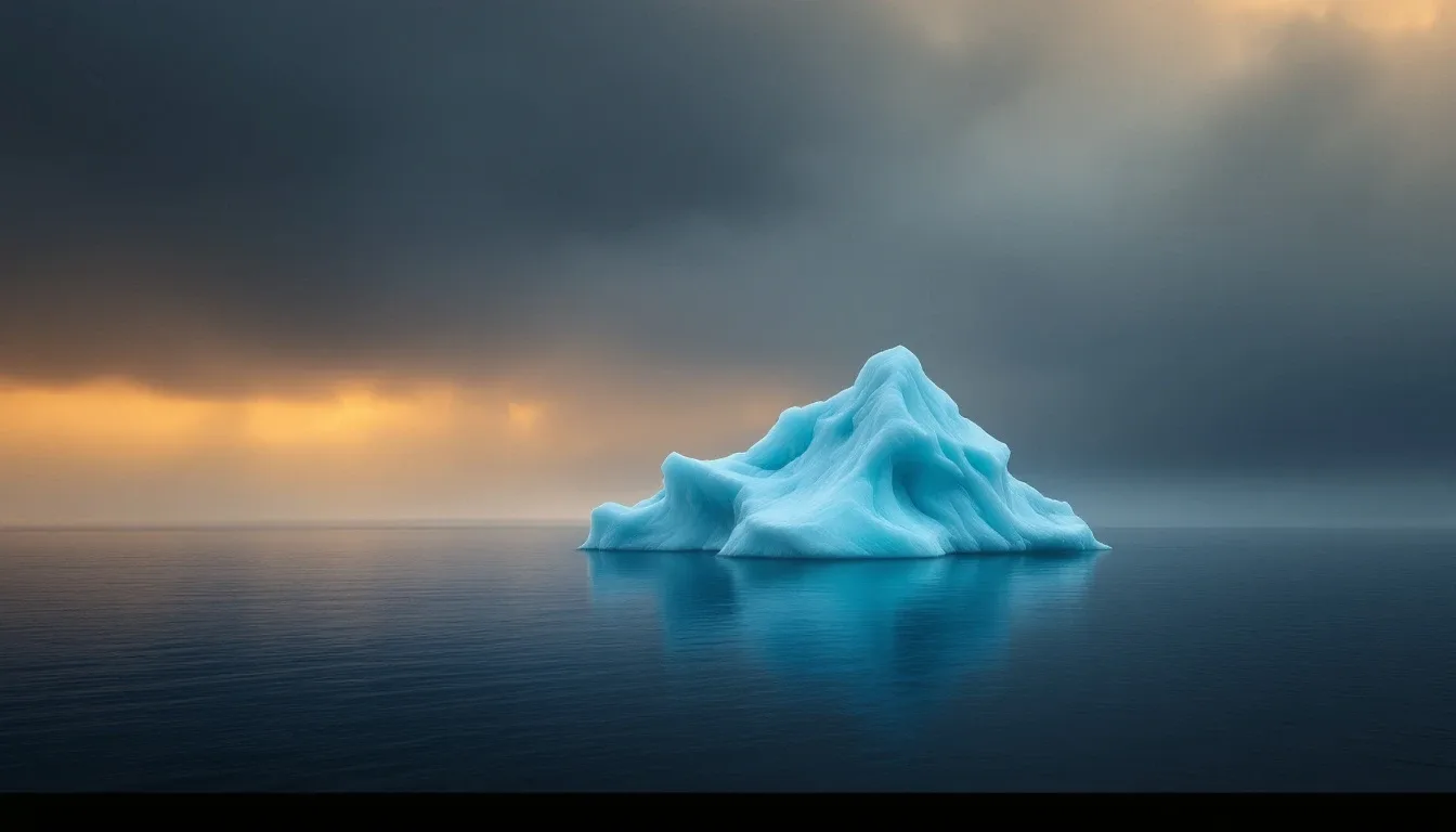 A lone melting iceberg adrift on a calm ocean under a moody sky