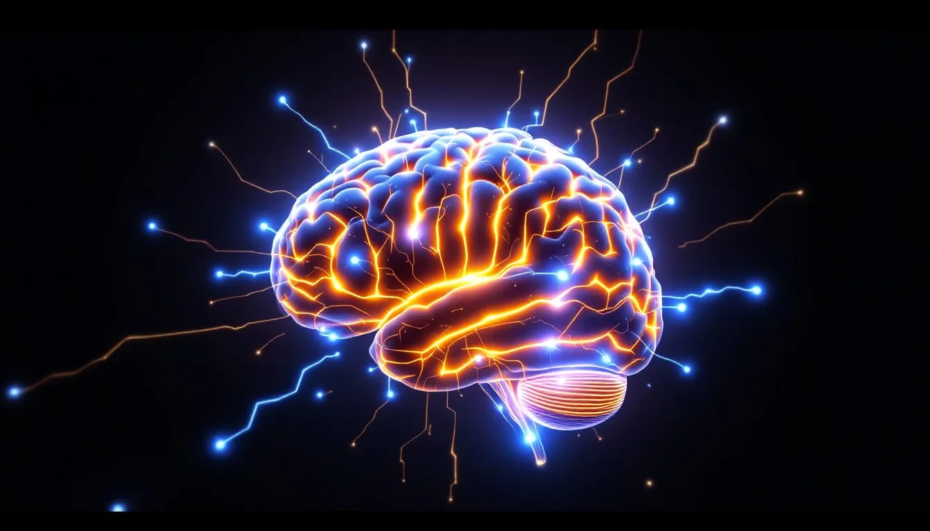 A glowing brain with neural signals firing outward
