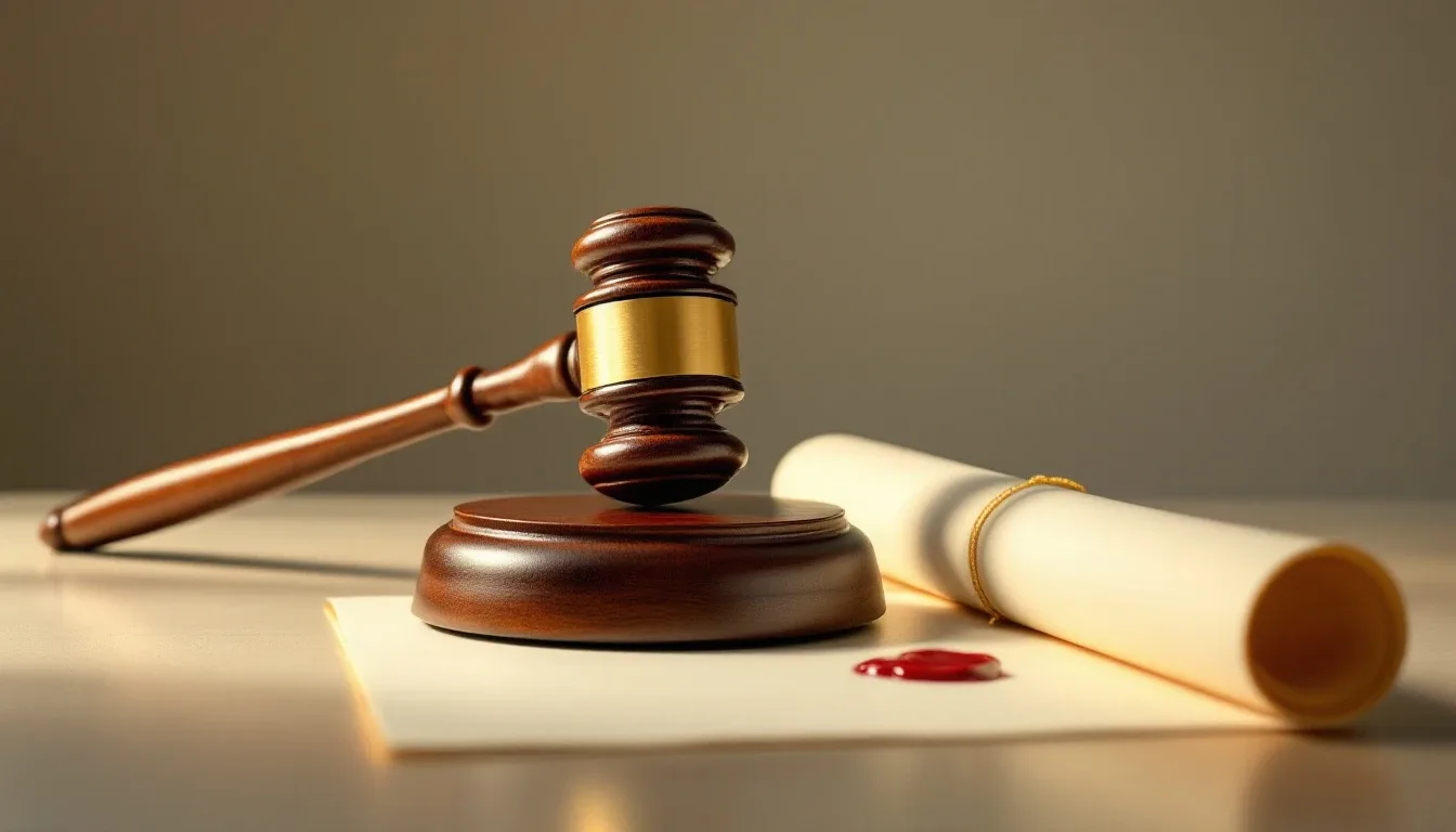 A judge's gavel beside a rolled document sealed with red wax