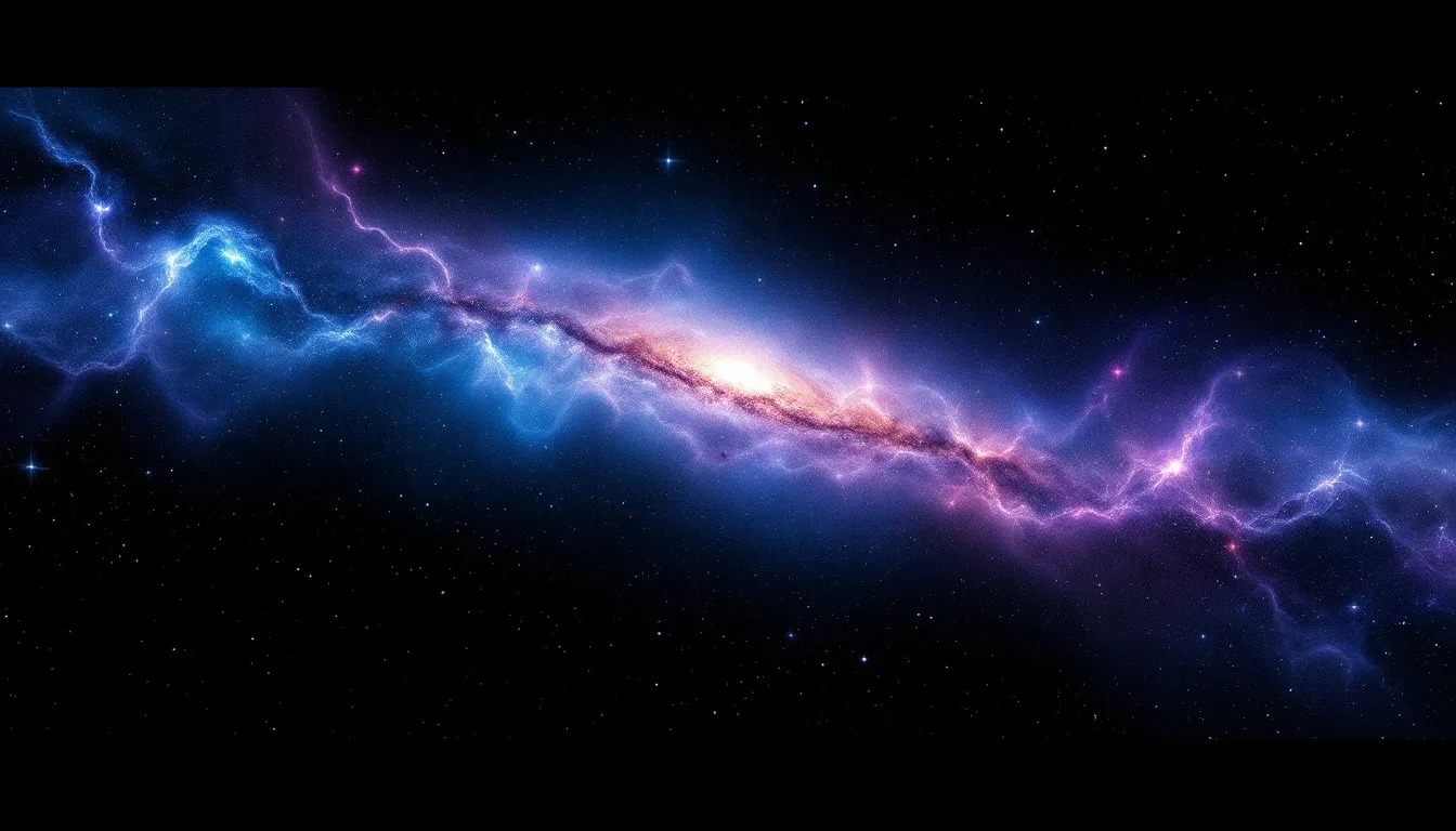 A luminous galaxy and nebula stretching across deep space