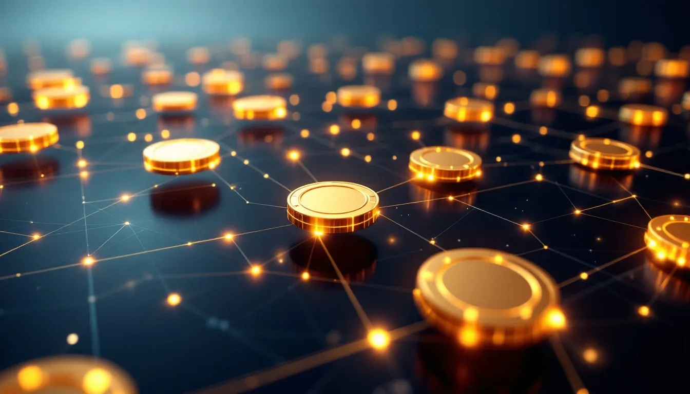 Glowing golden coins linked across a digital network