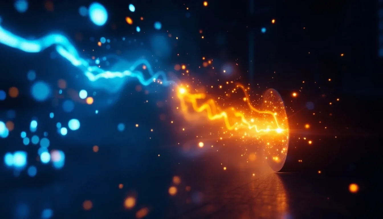 Glowing blue and orange particle trails in a dark laboratory