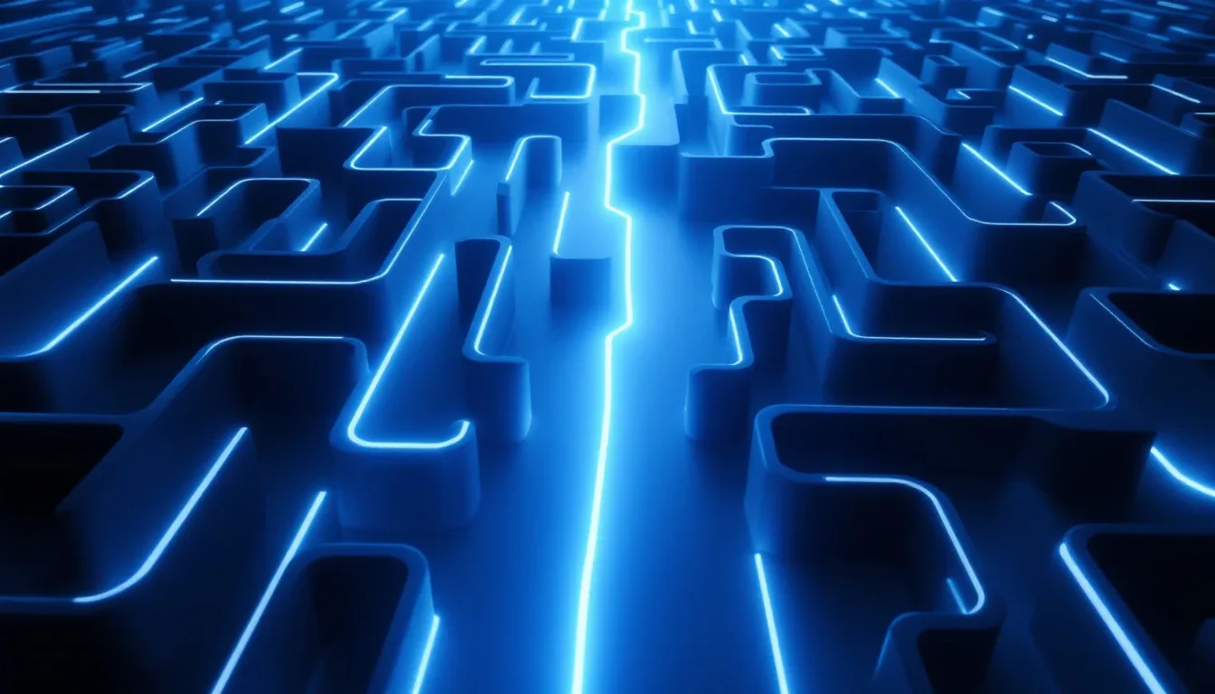 A glowing blue maze with a single lit path winding through it