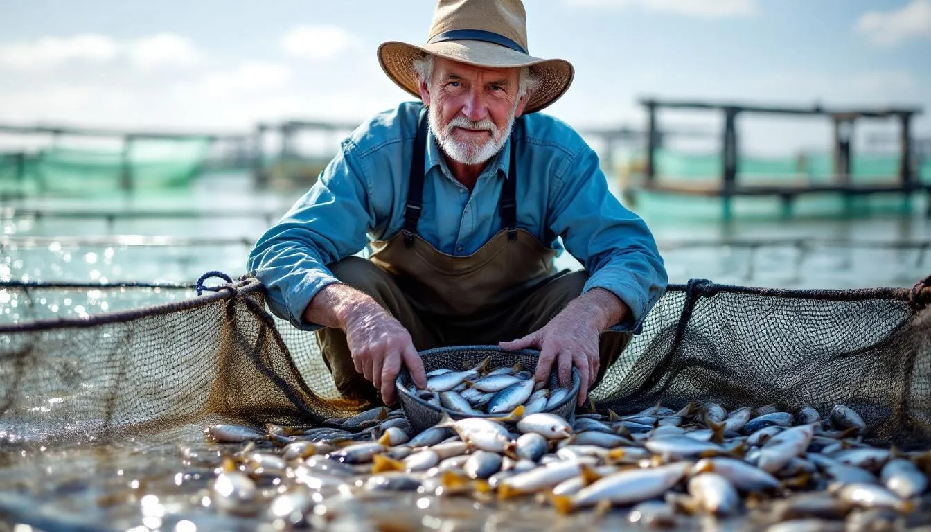 Editorial photograph representing the concept of fish farming