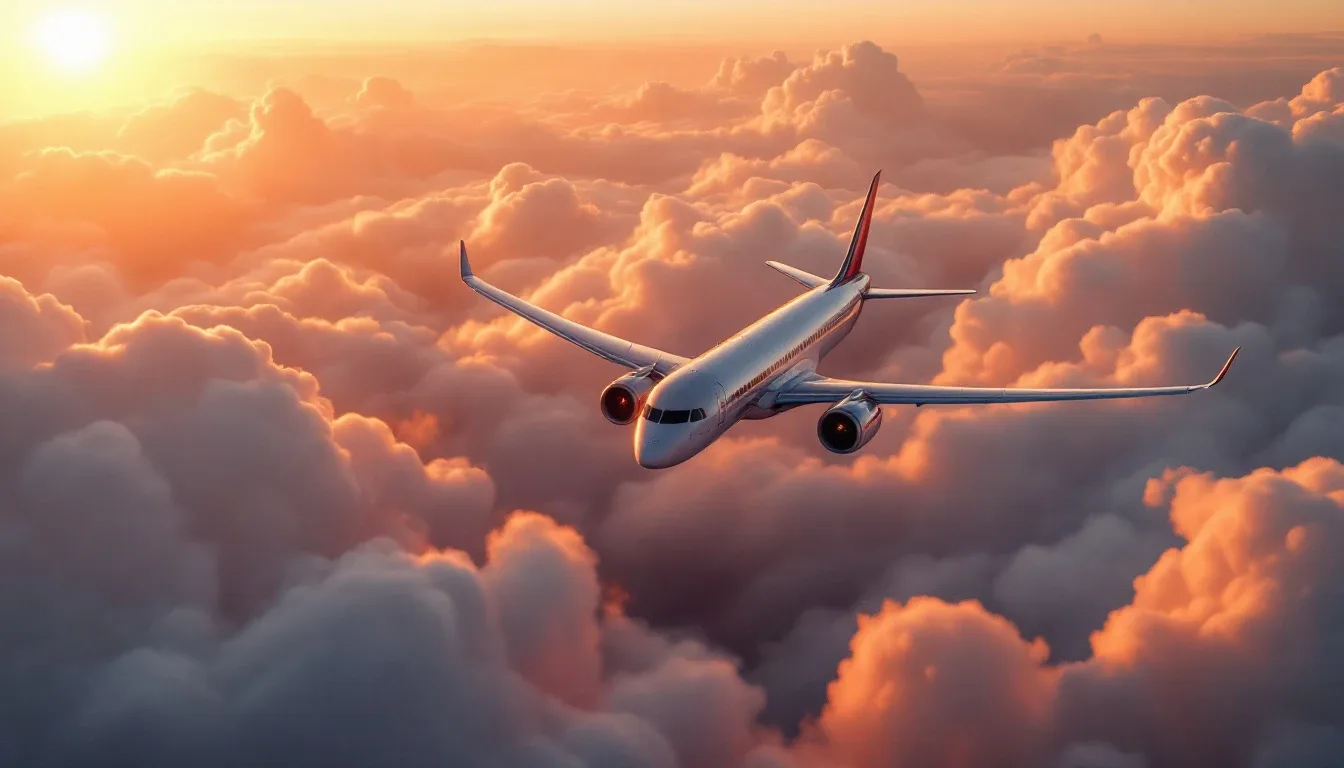 A passenger airliner banking through golden sunset clouds