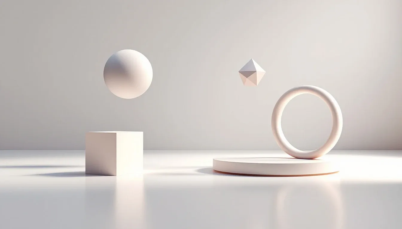 Floating geometric solids: a sphere, cube, octahedron, and torus