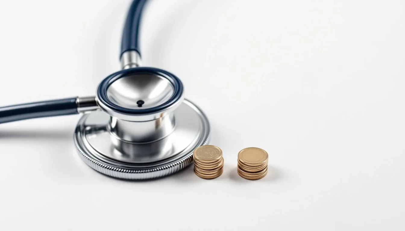 A stethoscope beside two small stacks of gold coins