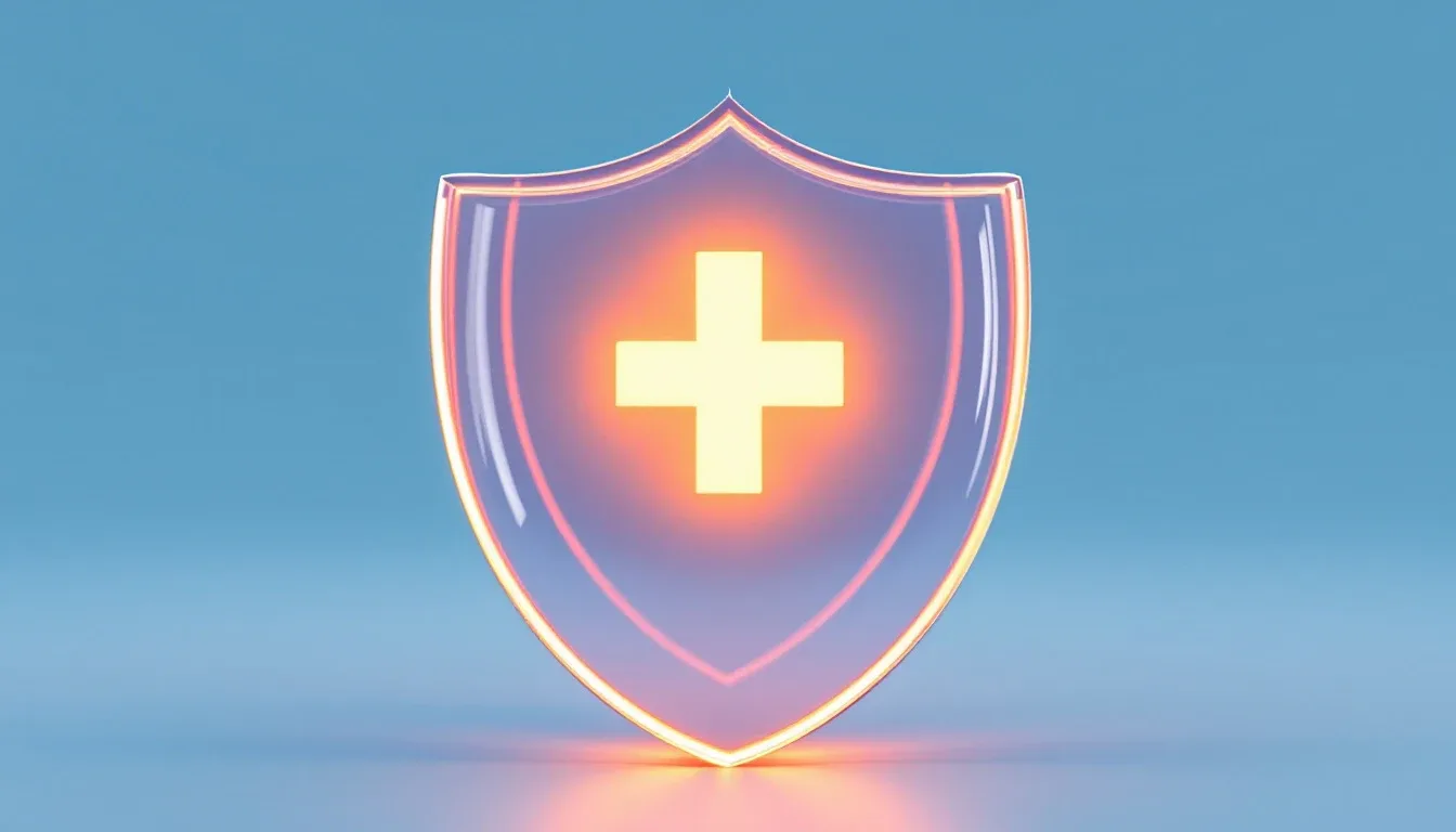 A glowing glass shield with a medical cross at its center