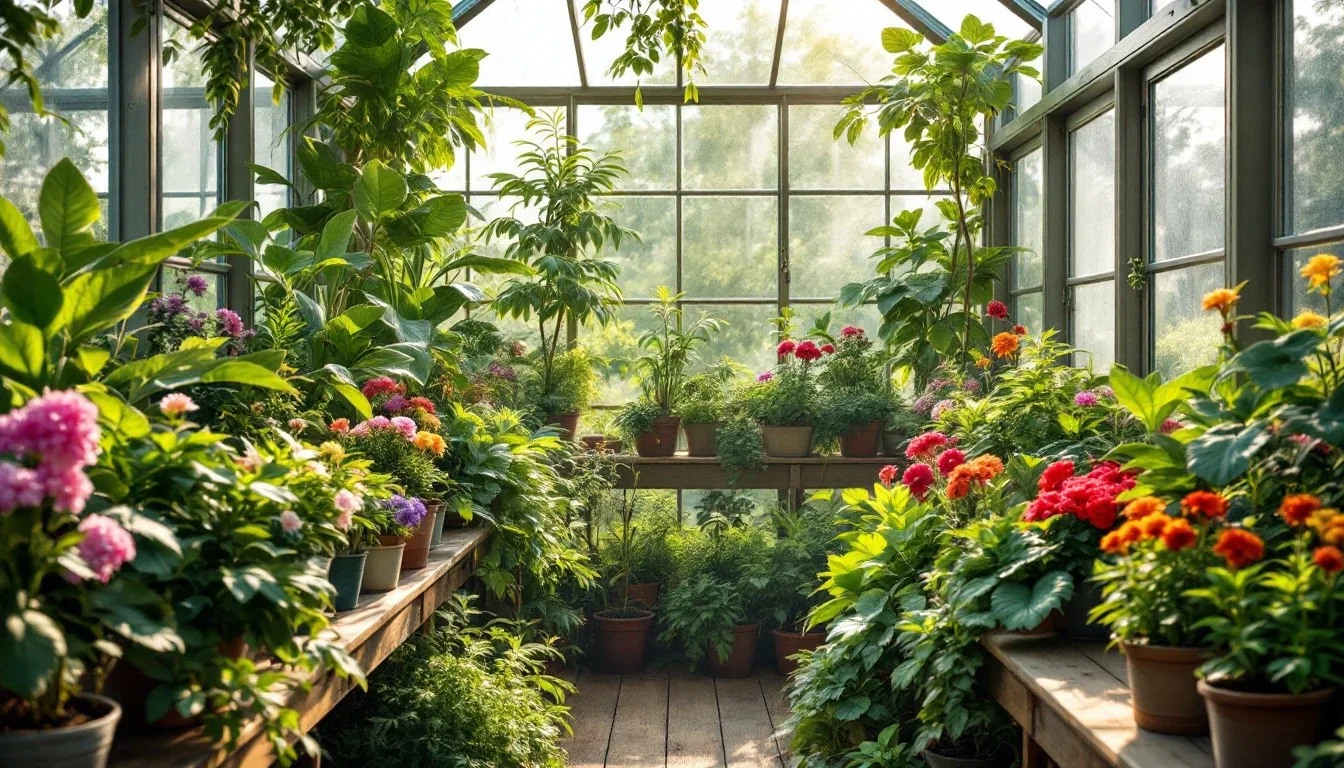 A lush greenhouse filled with potted plants and flowers