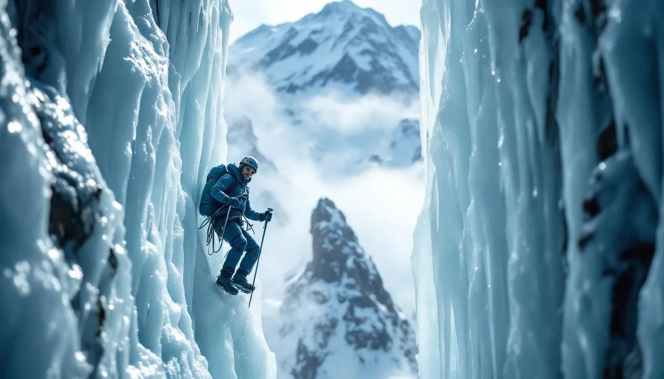 Editorial photograph representing the concept of ice climbing