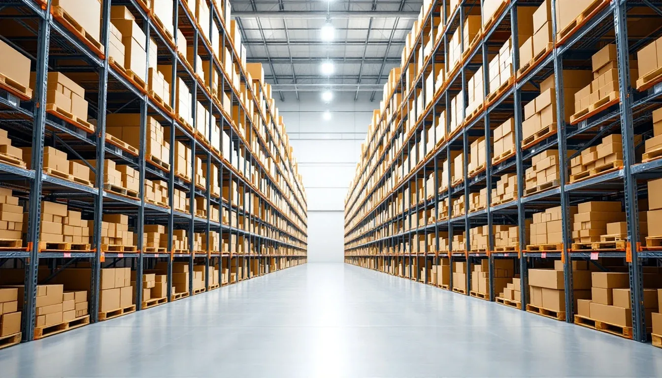 A warehouse aisle lined with tall shelves of cardboard boxes