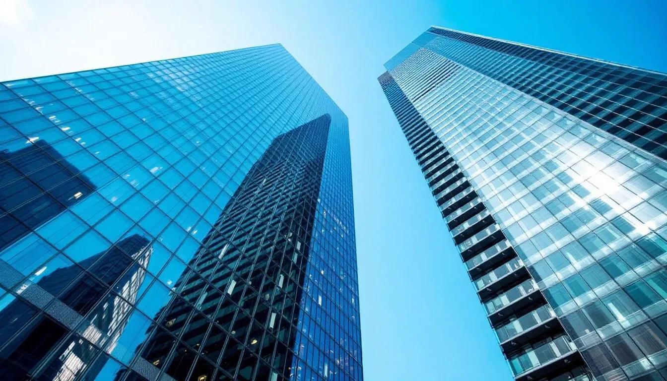 Glass skyscrapers of a financial district seen from below