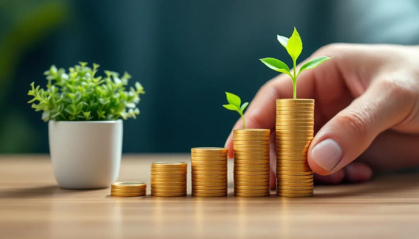 A hand arranging growing stacks of coins with a seedling on the tallest
