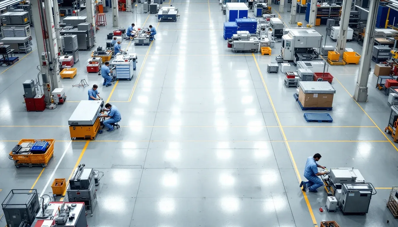An organized factory floor with clear flow lanes and workstations