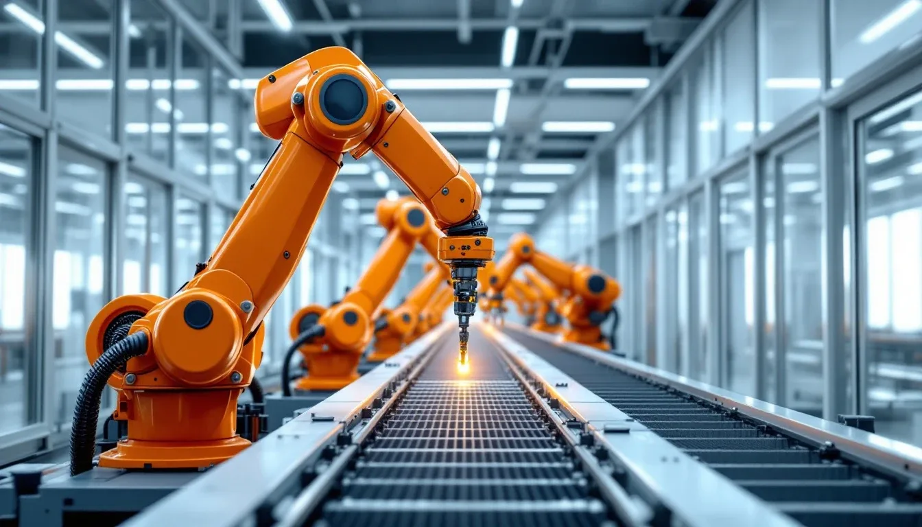 Orange robotic arms working along an automated assembly line