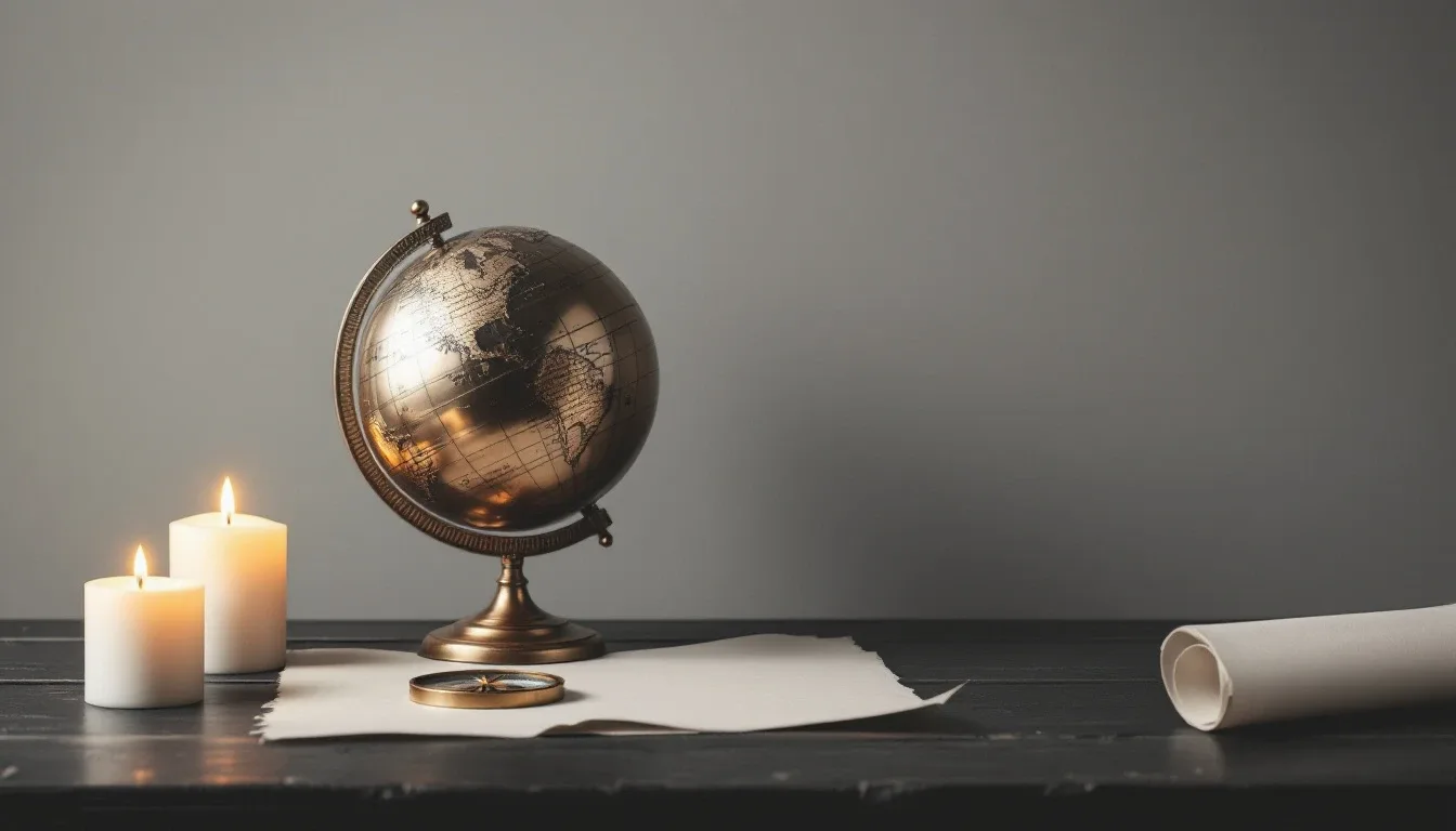 An antique brass globe, a compass, and a blank parchment by candlelight