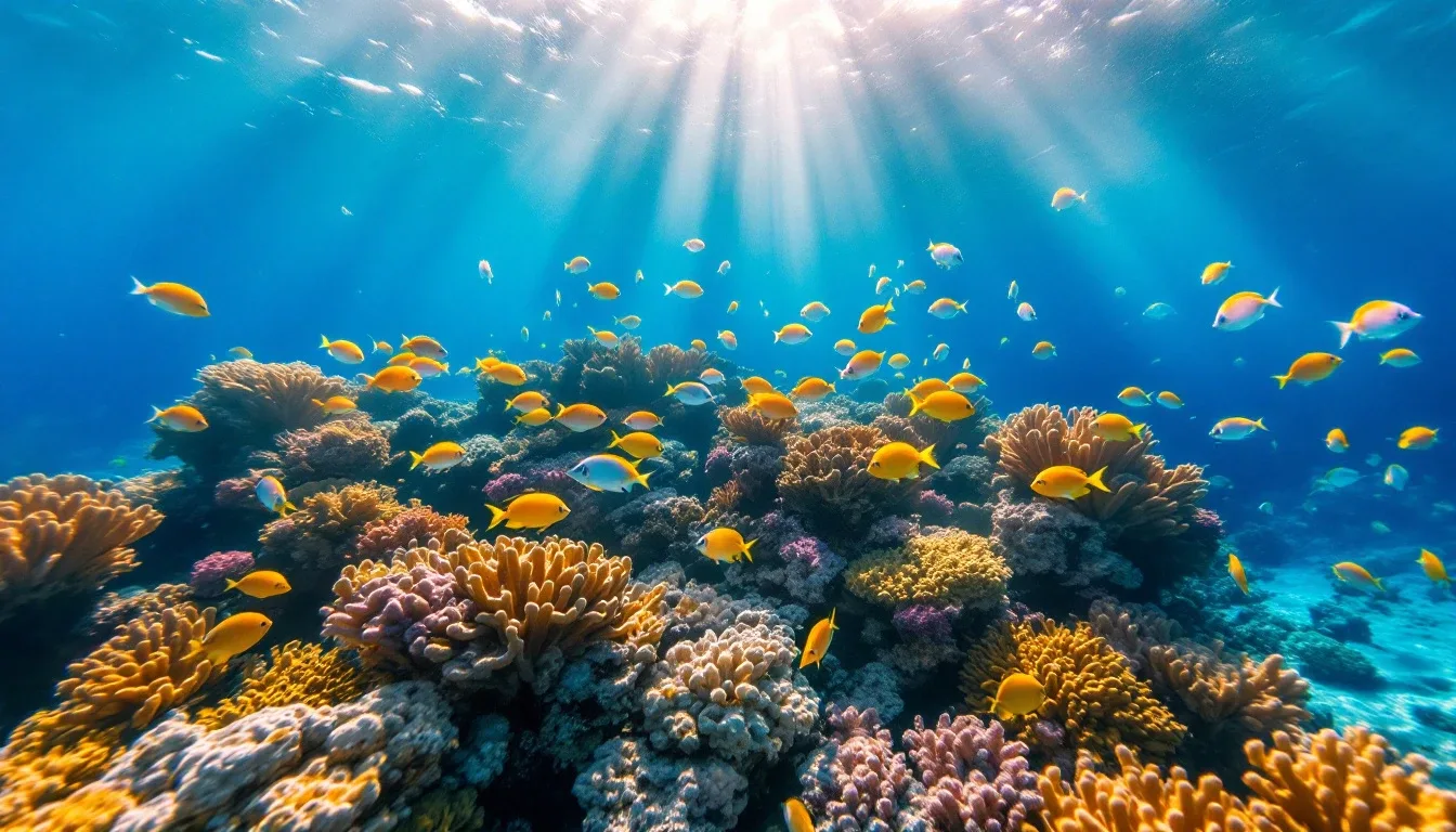 A vibrant coral reef teeming with tropical fish beneath sunlit water