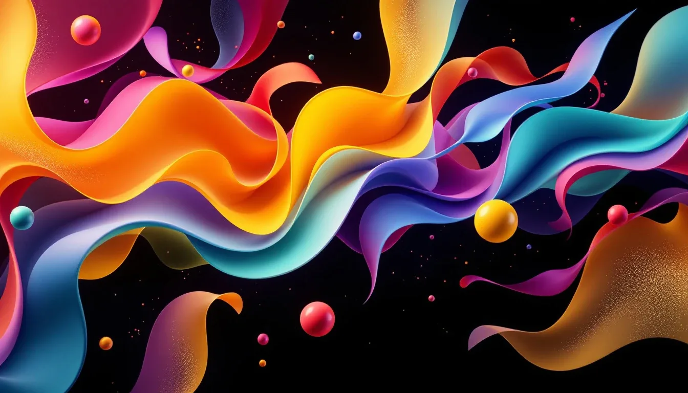 Vibrant flowing ribbons of color and floating spheres in motion