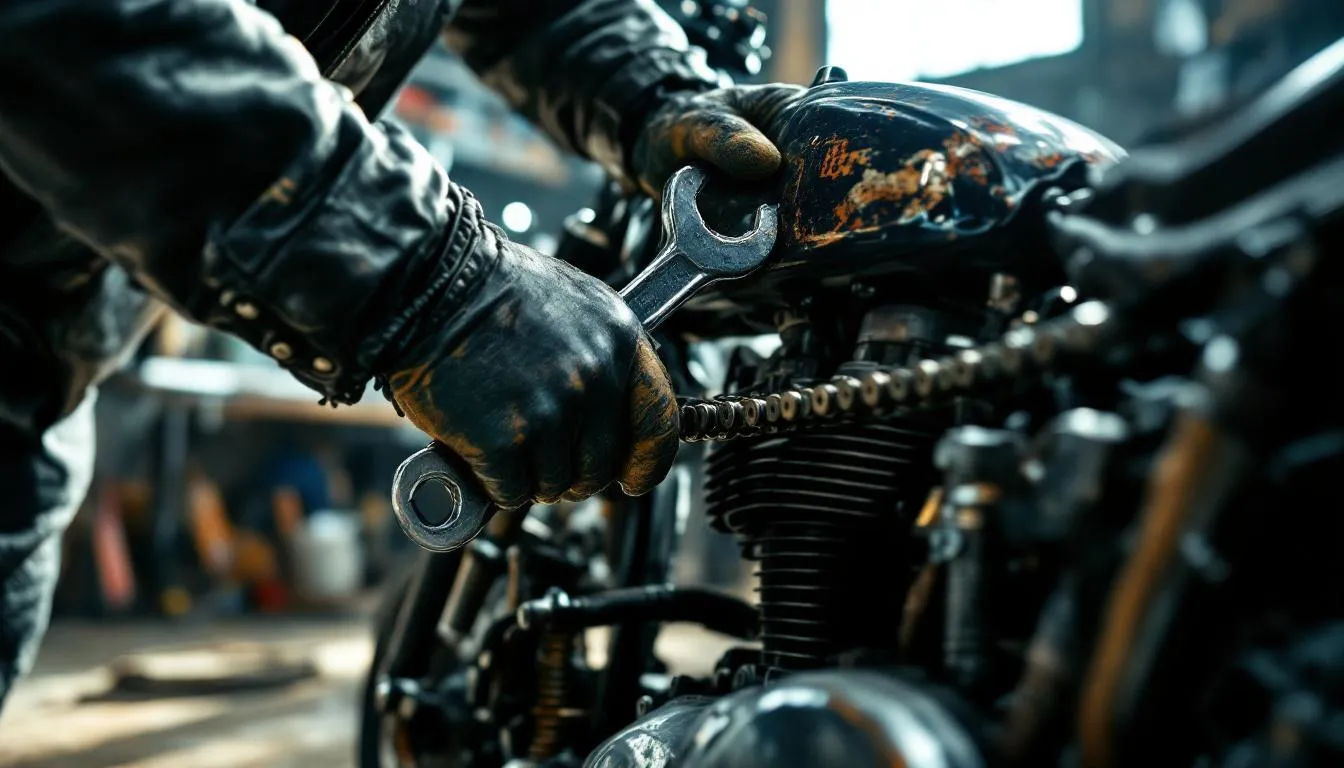 Editorial photograph representing the concept of motorcycle maintenance