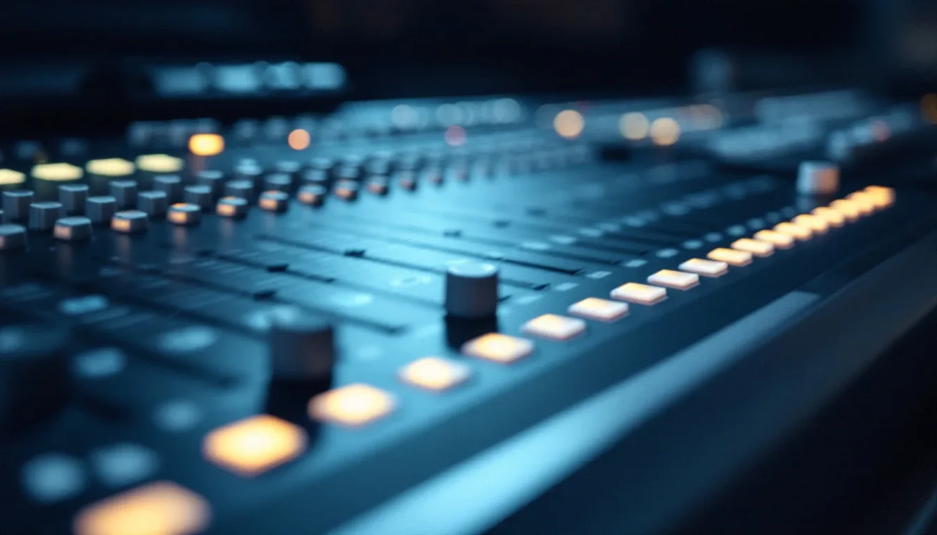A studio mixing console with rows of faders and glowing controls