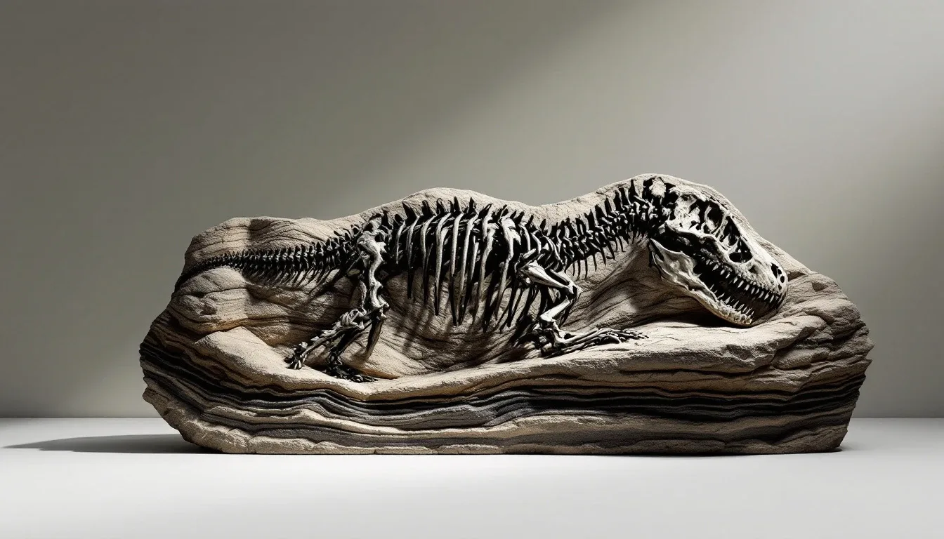 A dinosaur skeleton embedded in layered sedimentary rock
