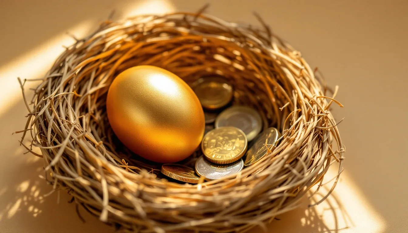 A golden egg resting in a nest beside a few coins