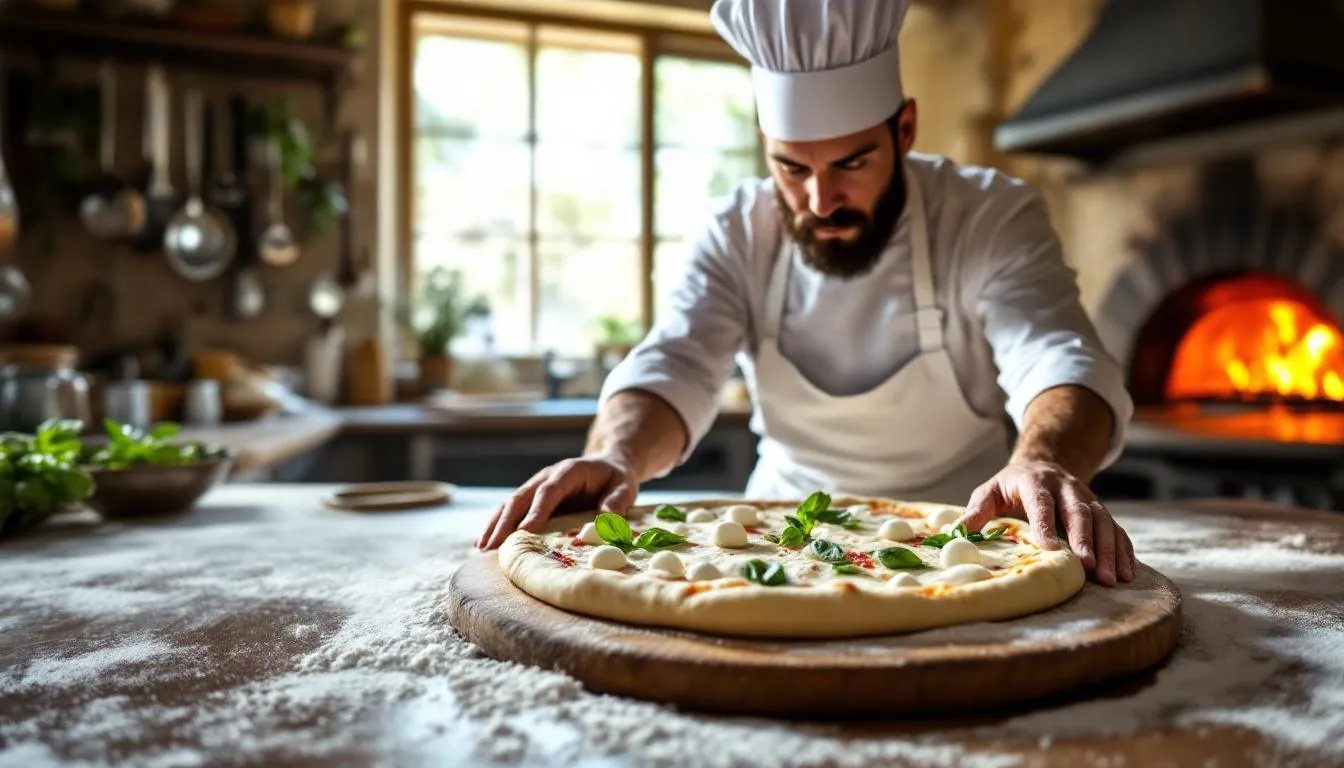 Editorial photograph representing the concept of pizza making