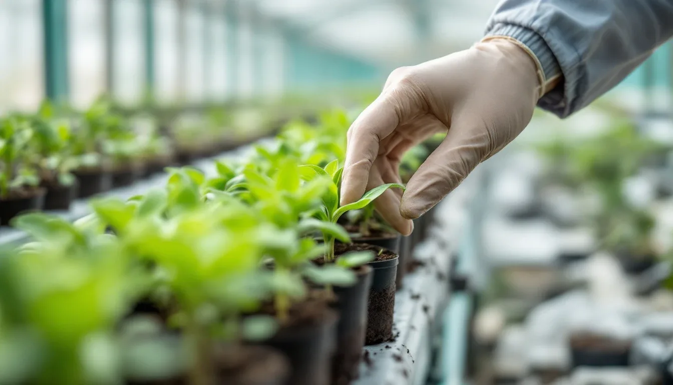 A gloved hand tending young seedlings in a greenhouse