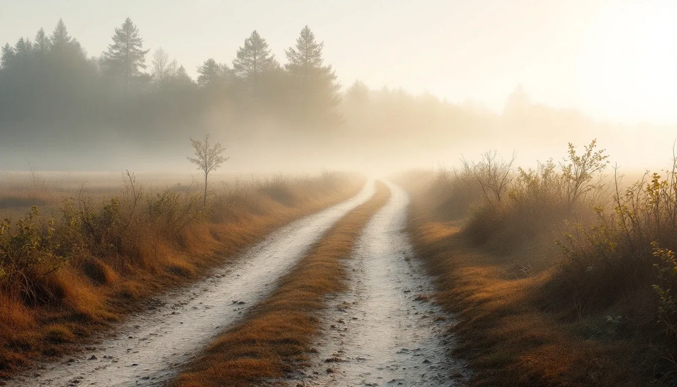 A dirt path forking into two directions through a misty landscape
