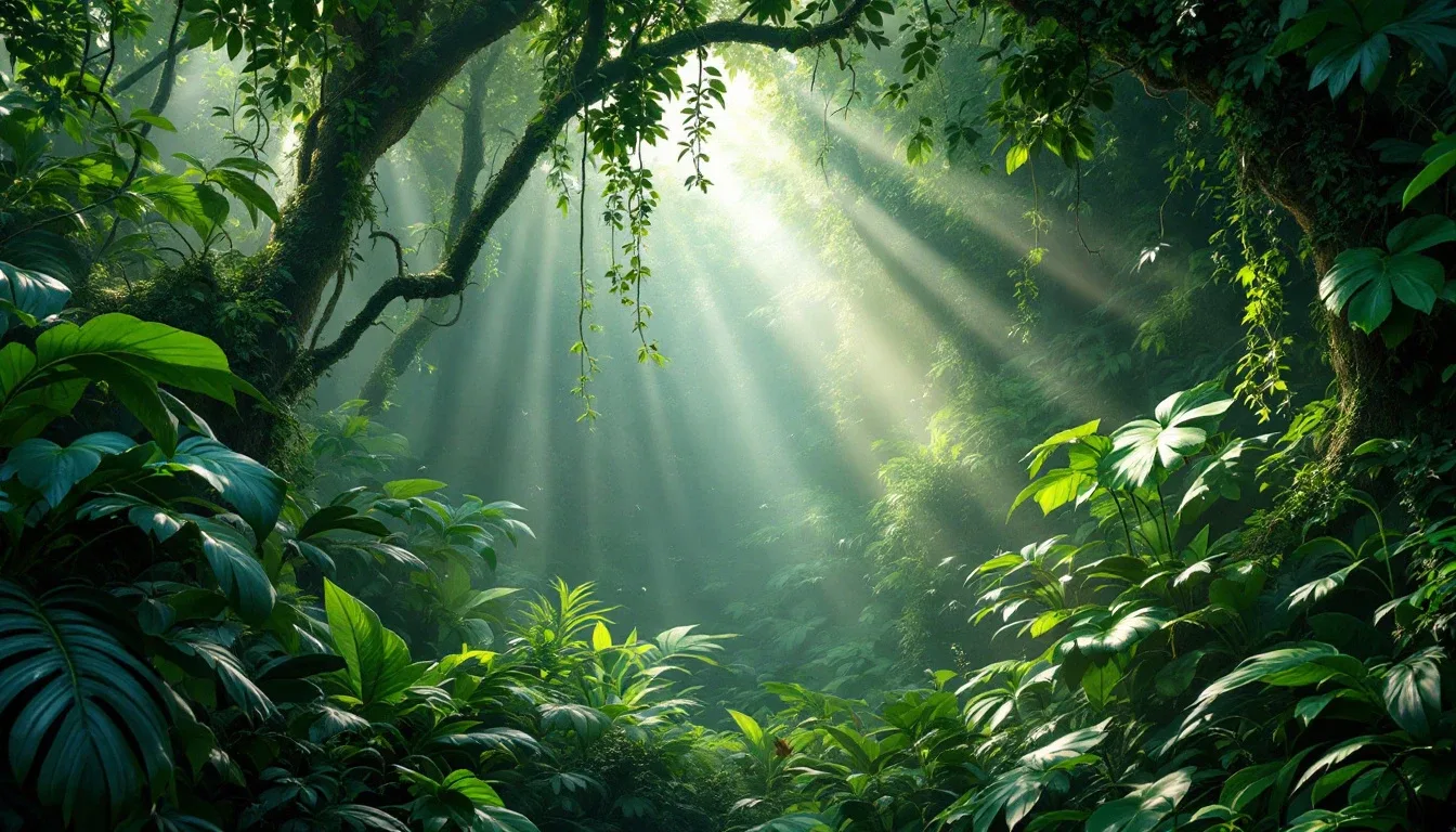 Sunlight streaming through a dense, misty rainforest canopy