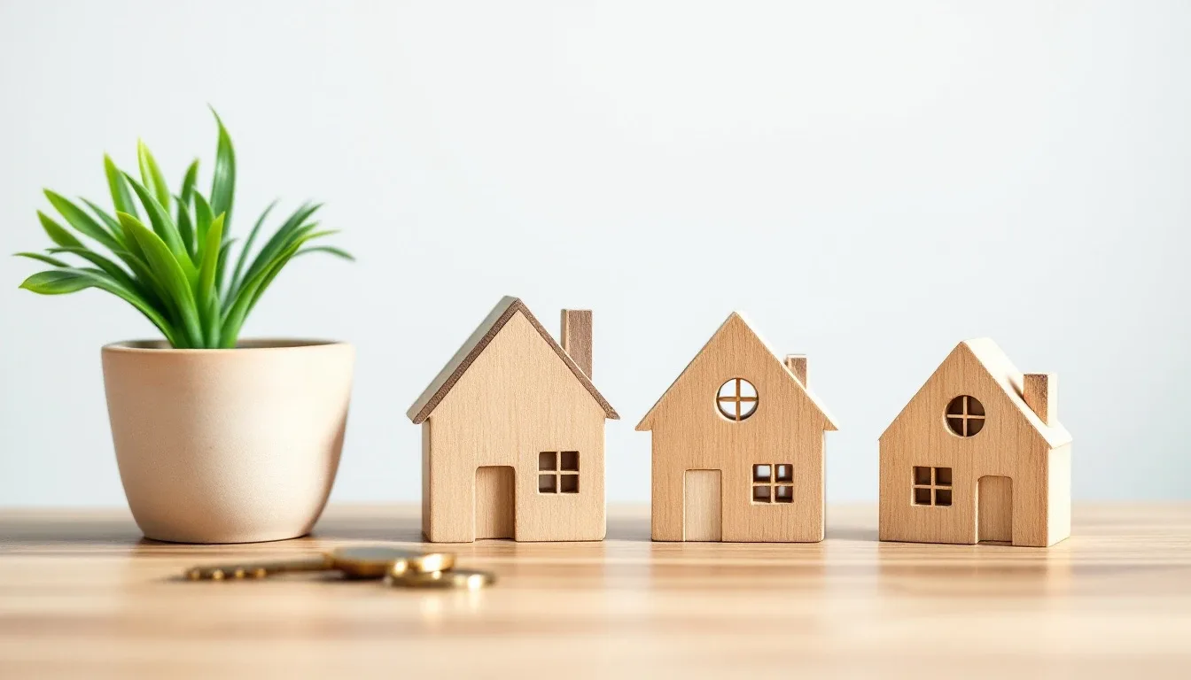 Small wooden model houses on a desk with keys and a plant