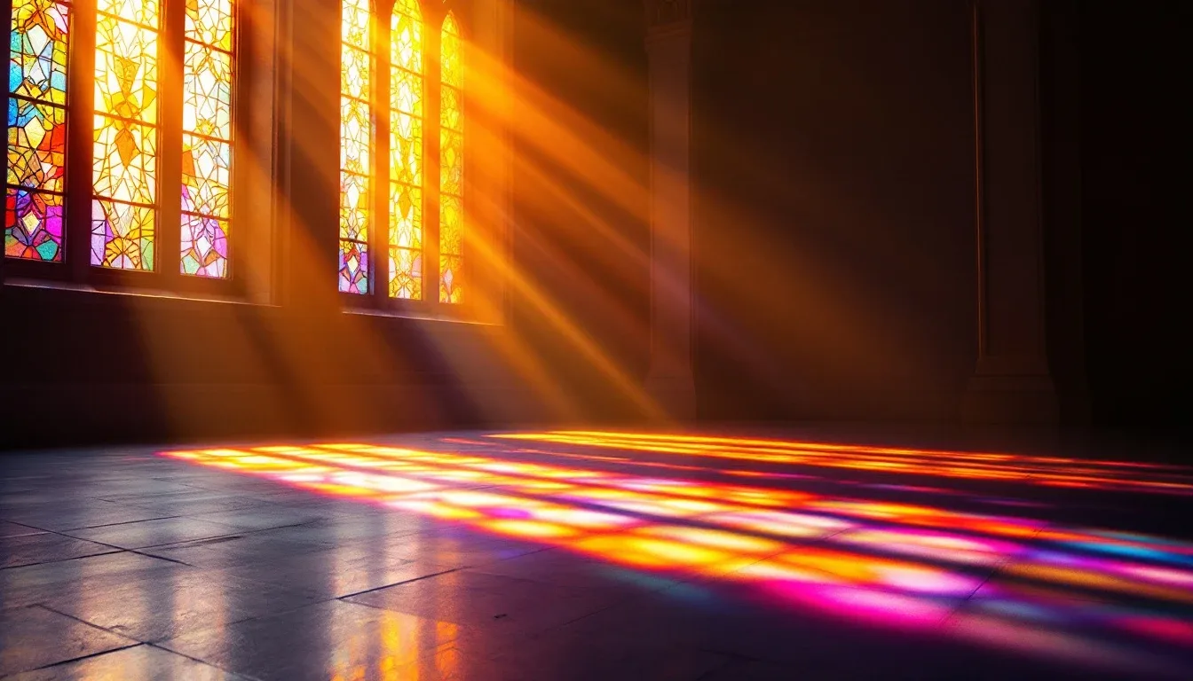 Sunlight streaming through a stained-glass window into a quiet sacred hall