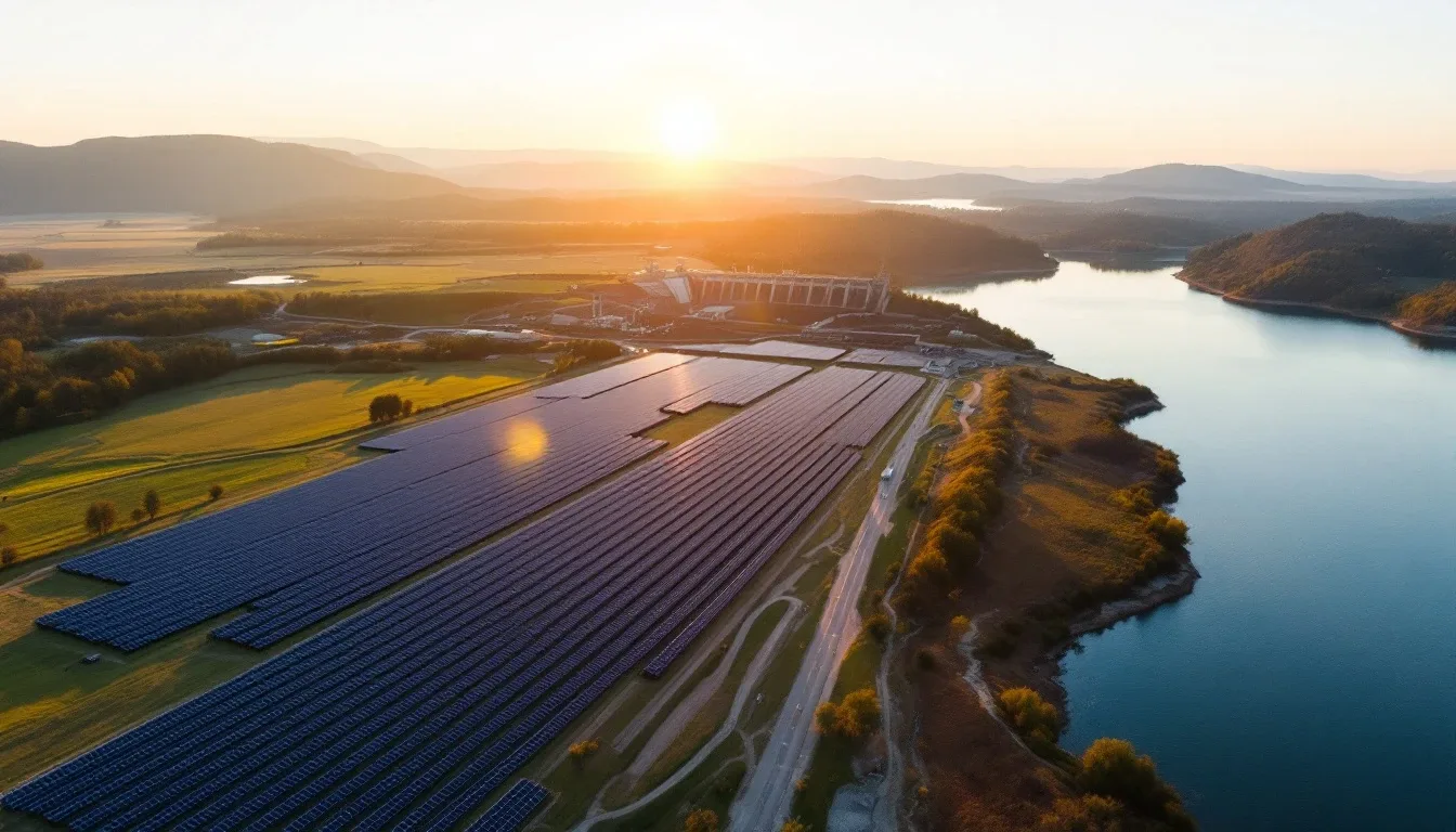 An aerial view of a solar farm beside a hydroelectric dam at sunset