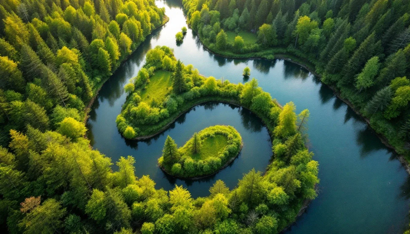 An aerial view of a clear river winding through green forest