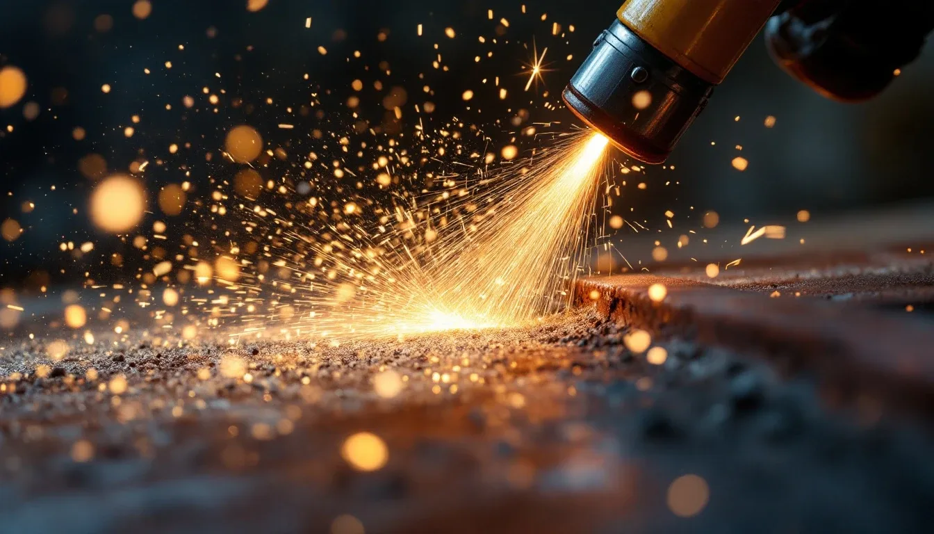 An abrasive blasting nozzle stripping rust from metal in a shower of sparks